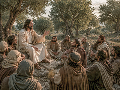 Jesus gives the Olivet Discourse on the Mount of Olives.
